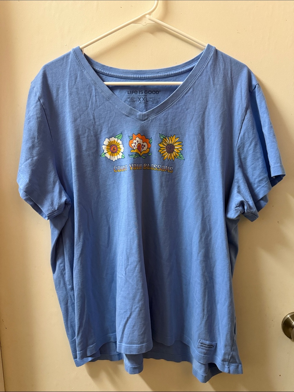 Life Is Good Light Blue V-Neck Tee with Floral Graphic